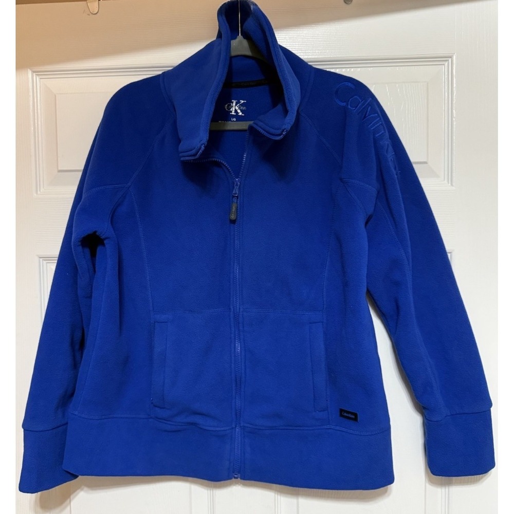 Calvin Klein Blue Fleece Jacket Large 21" Pit Media Pocket Funnel Neck‎ Full Zip